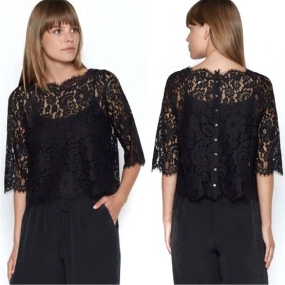 JOIE Allover Lace Elvia C Top in Black Caviar Sheer Transparent Button Down Back - Picture 2 of 5